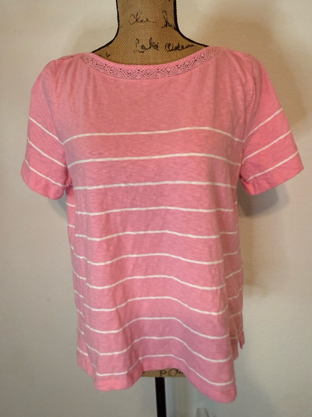 Pink Crochet Trim Bateau neck Tee-stripe Large petite
